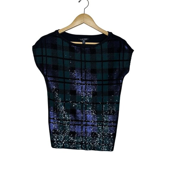 Lauren Ralph Lauren Sequined Plaid Top Multi Womens Size XXS Holiday Old Money - Picture 5 of 9
